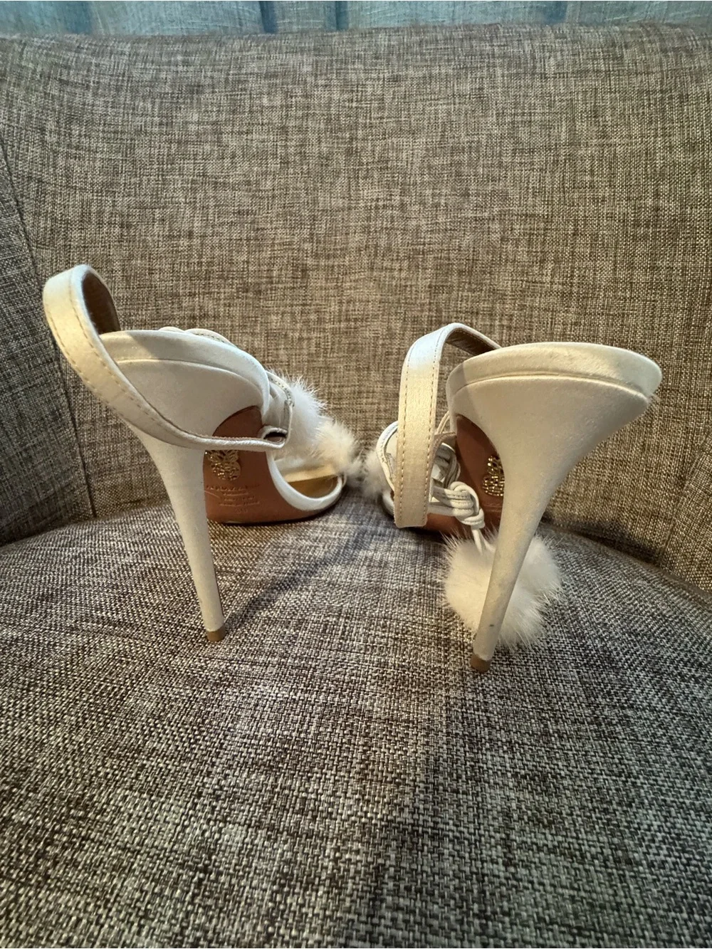 Aquazzura White real Mink Pom-Pom Strappy Stiletto Sandals - Picture 5 of 7